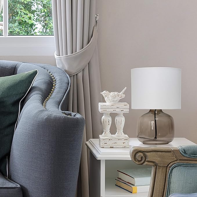 Simple Designs LT2064-SMW Smoke Gray Glass Table Lamp with White Fabric Shade