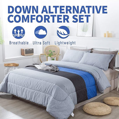 Andency Stripe Blue Comforter Set King Size, 3 Pieces Gray and Blue Patchwork Striped Comforter(104x90 Inch), Soft Microfiber Down Alternative Comforter Bedding Set with Corner Loops