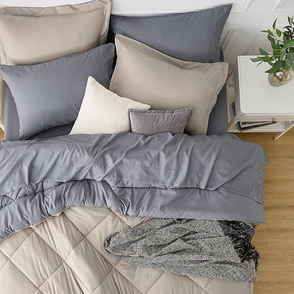 Bedsure Beige Full Comforter Set - 7 Pieces Reversible Bed Set Bed in a Bag Full with Comforters, Sheets, Pillowcases & Shams, Full Bedding Sets