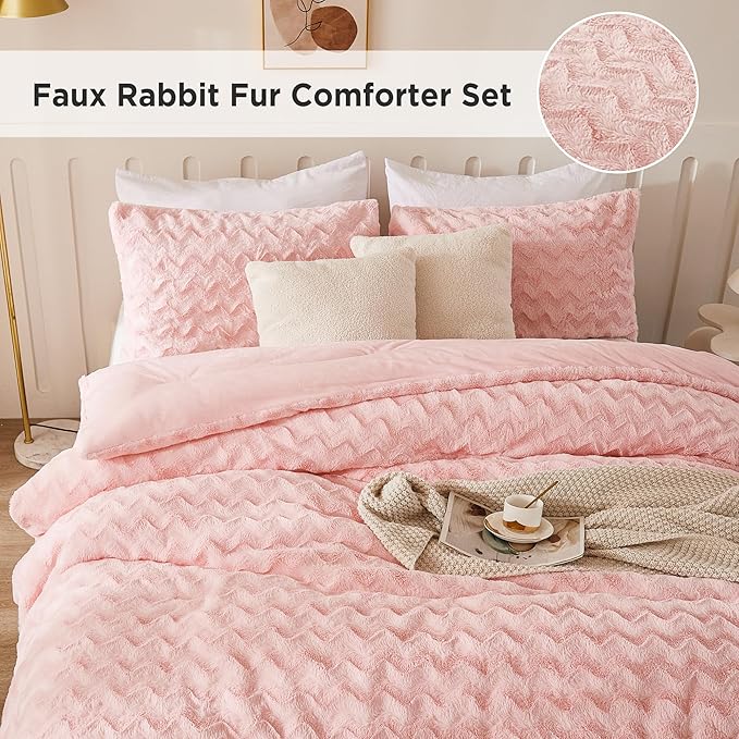 Andency Pink Fleece Comforter Set Queen Size, 3 Pieces Plush Shaggy Faux Fur Bed Comforter Set for Queen Bed, Fuzzy Fluffy Warm Bedding Set for Women Girls