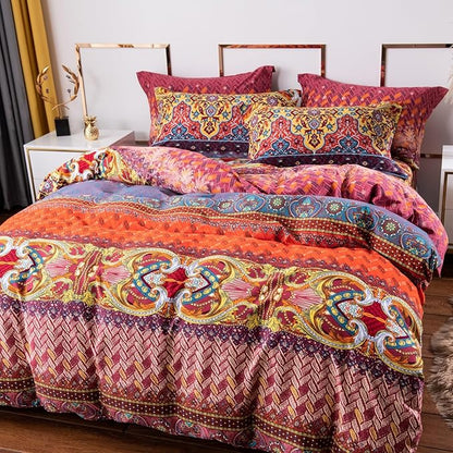 ABREEZE Bohemian Duvet Cover Set Colorful Orange Boho Retro Bedding Set Damask Paisley Cotton Duvet Cover Tribal Reversible Bedding Exotic Style Comforter Cover 3-Piece Queen