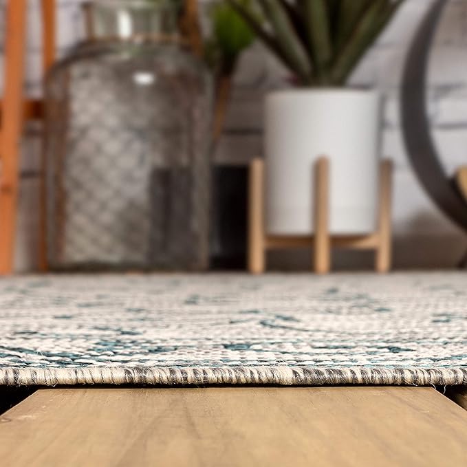 JONATHAN Y Vintage Filigree Indoor Outdoor Round Area Rug 6 Ft Gray/Teal, Charleston Textured Weave for Backyard, Patio, Porch, Easy-Cleaning, High Traffic, Pet-Friendly, Non-Shedding (SMB106E-6R)