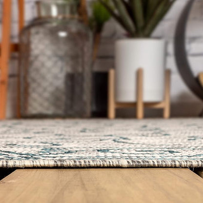 JONATHAN Y Vintage Filigree Indoor Outdoor Round Area Rug 9 Ft Gray/Teal, Charleston Textured Weave for Backyard, Patio, Porch, Easy-Cleaning, High Traffic, Pet-Friendly, Non-Shedding (SMB106E-9R)