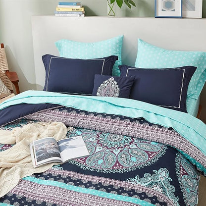 Degrees of Comfort Teen Twin Complete Comforter Sets for Girls, Boho Medallion Tween Bed in A Bag 6 Piece, Blue Microfiber Bedding Set with Sheets, Matching Decorative Pillow