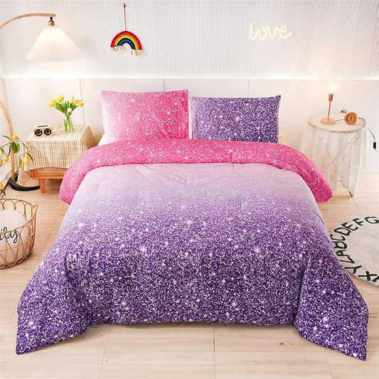 Holawakaka Kids Space Star Glitter Comforter Set Ombre Red & Purple Print Gradient Bedding Set Full Size (Red purple, Full)