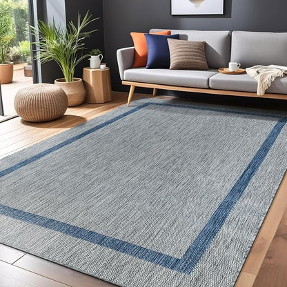 Bordered Outdoor Rug 6x9 Washable Outside Carpet for Indoor Patio Porch Waterproof Easy Cleaning Non Shedding Area Rugs Silver Gray - Blue 6 x 9