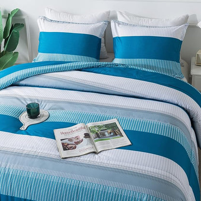 Andency Stripe Comforter Set Twin Size (66x90 Inch), 2 Pieces Teal Patchwork Striped Comforter, Soft Microfiber Down Alternative Comforter Bedding Set with Corner Loops
