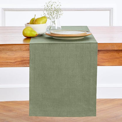 Solino Home Linen Table Runner 48 Inches - 100% Pure Linen Oil Green Table Runner 14 x 48 Inch Ideal for Dresser and Coffee Tables - Fall, Autumn, Thanksgiving - Fete