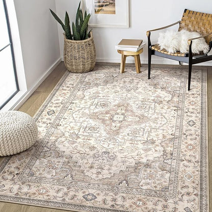 Washable Area Rugs for Living Room - 6x9 Neutral Vintage Distressed Floral Farmhouse Boho Large Soft Floor Rug Indoor Non Slip Carpet for Bedroom Dining Room Office - Brown/Multi