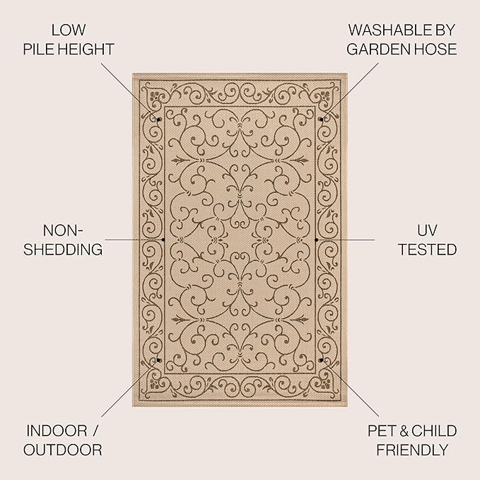 JONATHAN Y Vintage Filigree Indoor Outdoor Square Area Rug 6X6 Beige/Brown, Charleston Textured Weave for Backyard, Patio, Porch, Easy-Cleaning, High Traffic, Pet-Friendly, Non-Shedding (SMB106A-6SQ)