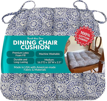 Barnett Home Decor Tibet Blue Dining Chair Pad with Ties - Medium Size 18 Chair Cushion - Latex Foam Fill - Machine Washable, 100% Cotton, Made in USA (Navy Mandalas)