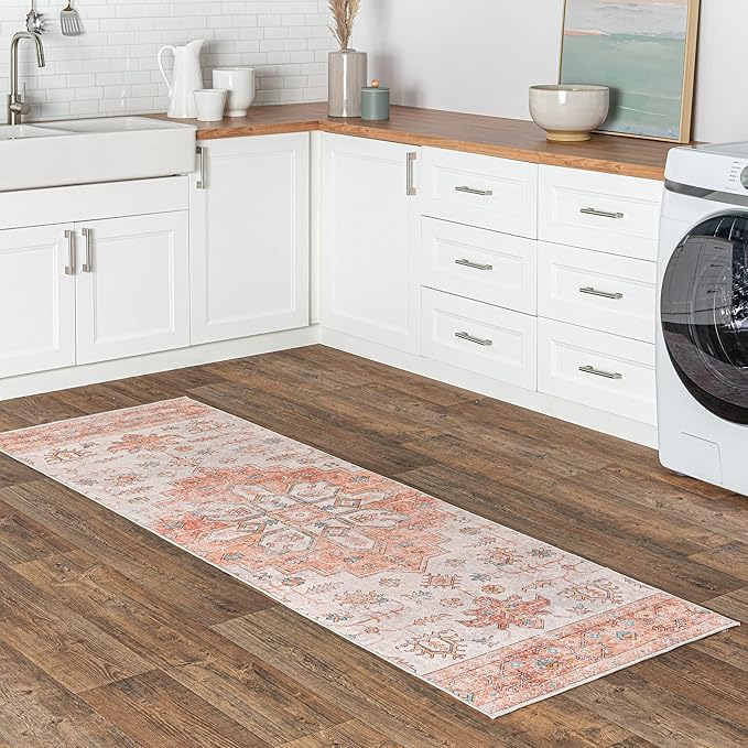 nuLOOM Dawson Machine Washable Distressed Medallion Ultra Thin Runner Rug, 2' 6" x 8', Peach
