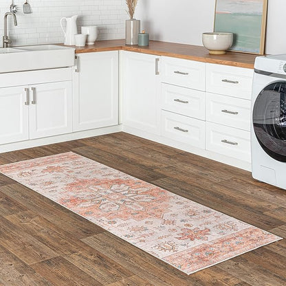nuLOOM Dawson Machine Washable Distressed Medallion Ultra Thin Runner Rug, 2' 6" x 8', Peach