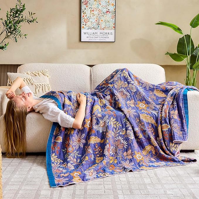 Boho Blanket, 100% Cotton Farmhouse Decorative Throw Blanket, 90"x98" Reversible Bohemian Throw Blanket, Purple All Season Muslin Breathable Woven Blankets Quilt