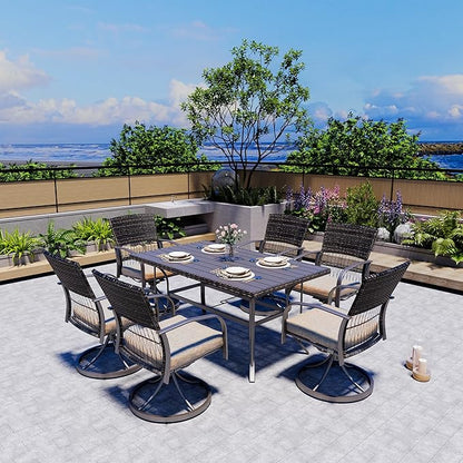 Pamapic 7 Piece Patio Dining Set for 6,Outdoor Wicker Furniture Set for Backyard Garden Deck Poolside with 6 Cushions Swivel Rocker Chairs,Iron Slats Table Top, Removable Cushions(Beige)