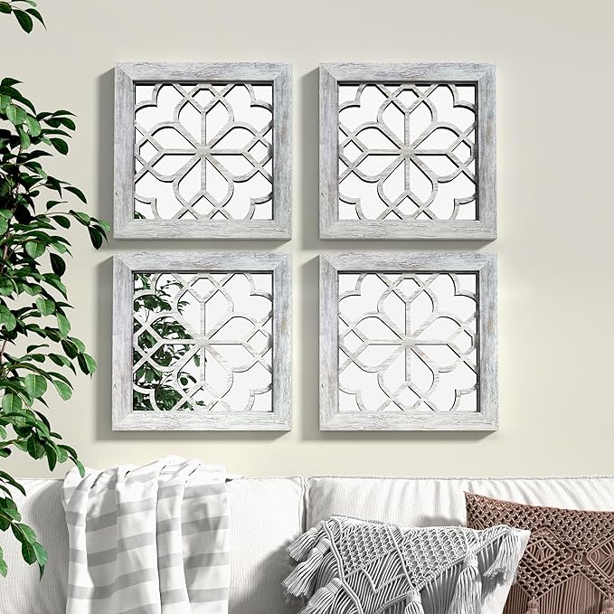 Boho Square Wall Mirrors Set of 2-12" x12'Decorative Mirrors for Wall Decor, BrownHandcrafted Mirror Panels Perfect for LivingRoom Bedroom Entryway Hallway (Grey)