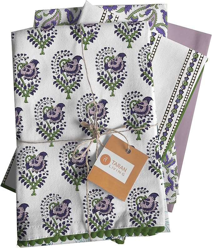 TARAN LIVING Printed Kitchen Dish Bar and Tea Towels Cotton, 18x28 inch with Trims, Cotton Dish Towel Sets (White & Purple, Set of 4)