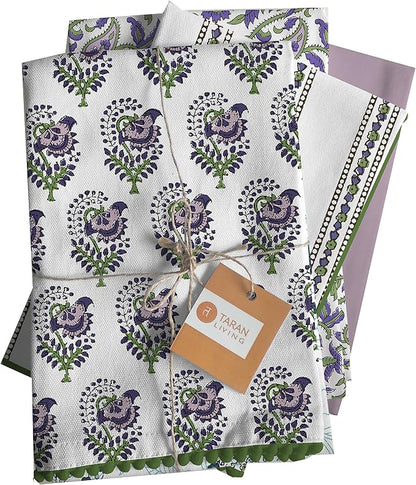TARAN LIVING Printed Kitchen Dish Bar and Tea Towels Cotton, 18x28 inch with Trims, Cotton Dish Towel Sets (White & Purple, Set of 4)