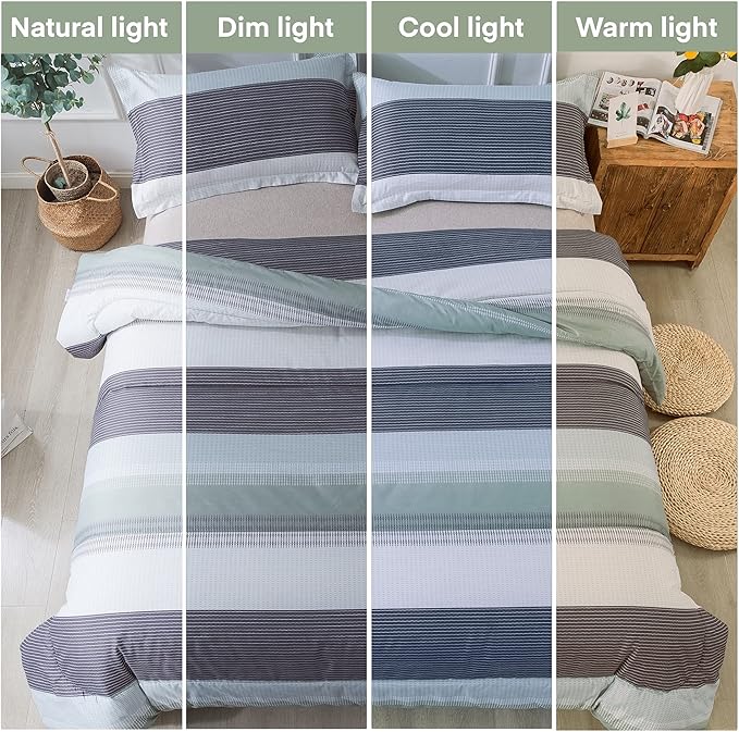 Andency Stripe Comforter Set King Size (104x90 Inch), 3 Pieces Mint Green Patchwork Striped Comforter, Soft Microfiber Down Alternative Comforter Bedding Set with Corner Loops