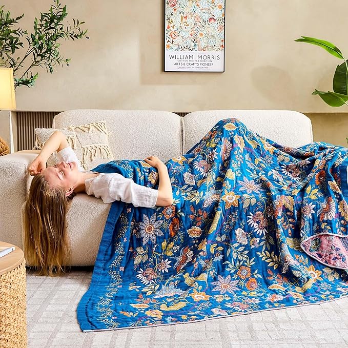 Fall Throw Blanket for Couch, Blue Boho Decorative Throw Blanket, 100% Cotton Muslin Breathable Woven Farmhouse Blankets Quilt, 50"x60" Reversible Lightweight Blankets Bohemian Throw Quilt