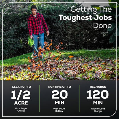 Greenworks 40V (130 MPH / 550 CFM / 75+ Compatible Tools) Cordless Brushless Axial Leaf Blower, 4.0Ah Battery and Charger Included