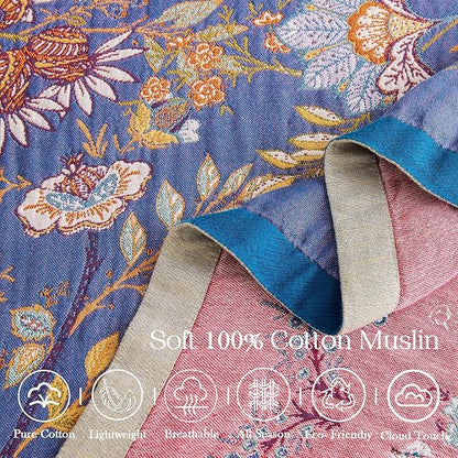 Boho Blanket, 100% Cotton Farmhouse Decorative Throw Blanket, 90"x98" Reversible Bohemian Throw Blanket, Purple All Season Muslin Breathable Woven Blankets Quilt