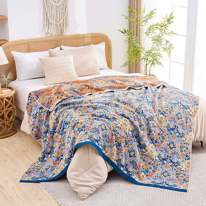 Boho Throw Blanket for Bed, 100% Cotton Soft Rustic Quilt Fall Blanket, 80"x90" Floral Printed Farmhouse Decor Bed Blankets, All Season Rustic Reversible Bohemian Throw Quilt