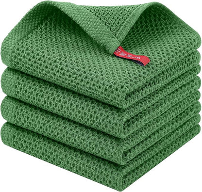 Homaxy 100% Cotton Waffle Weave Kitchen Dish Cloths, 4-Pack, Grass Green | 12 x 12 Inches, Ultra Soft Absorbent Dish Towels, Quick Drying Dish Rags with Hanging Loop
