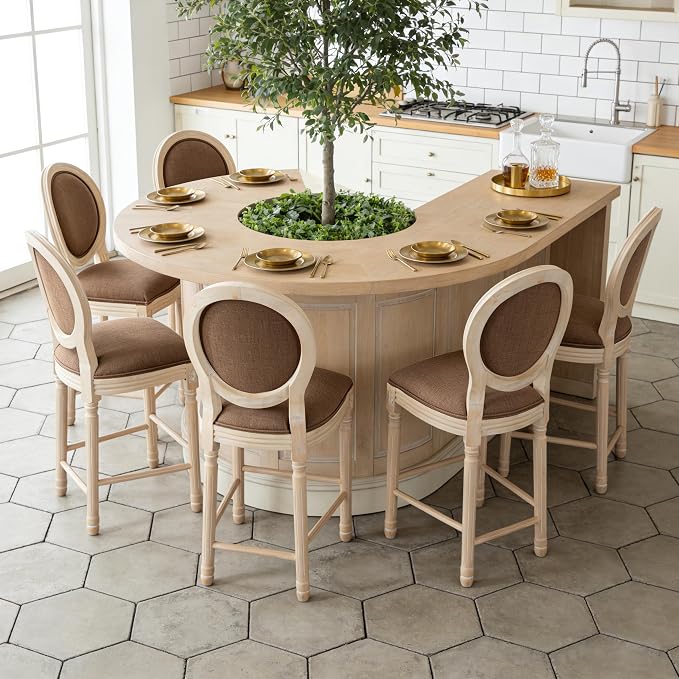 French Country Barstool, Linen Farmhouse Counter Height Chair | Set of 6, with Cushion Round Back and Solid Wood Legs, Oval Chairs for Restaurant, Bar, Kitchen, Café, Brown