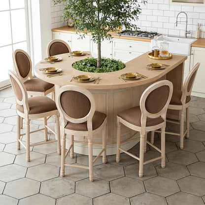 French Country Barstool, Linen Farmhouse Counter Height Chair | Set of 6, with Cushion Round Back and Solid Wood Legs, Oval Chairs for Restaurant, Bar, Kitchen, Café, Brown