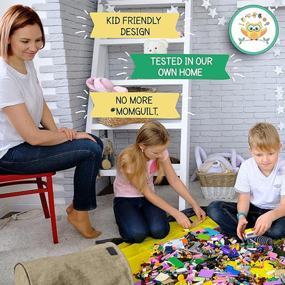 Toy Storage Basket and Play Mat for Building Bricks - Collapsible Canvas Organizer Bag with Drawstring - For Kids