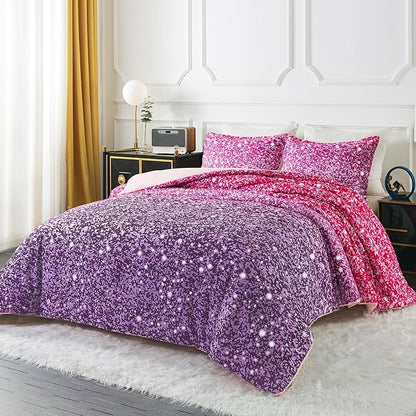 Litanika Galaxy Comforter Queen(90x90lnch), 3 Pieces(1 Purple Glitter Ombre Comforter, 2 Pillowcases), 3D Colorful Rainbow Bedding Set, Microfiber Comforter Set for Kid Boy Girl Teen