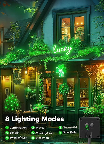 Minetom Solar String Lights Outdoor - 2 Pack Total 80FT 200 LED String Lights Solar Powered with 8 Lighting Mode,String Lights for St Patrick Decoration,Waterproof Solar Lights for Outside Tree, Green