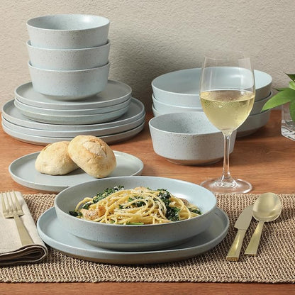 Gibson Elite Overbrook 16-Piece Pottery Clay Stoneware Dinnerware Set – Light Blue Reactive Glaze, Stackable Plates and Bowls w/Pasta Bowl, Service for 4 – Microwave & Dishwasher Safe