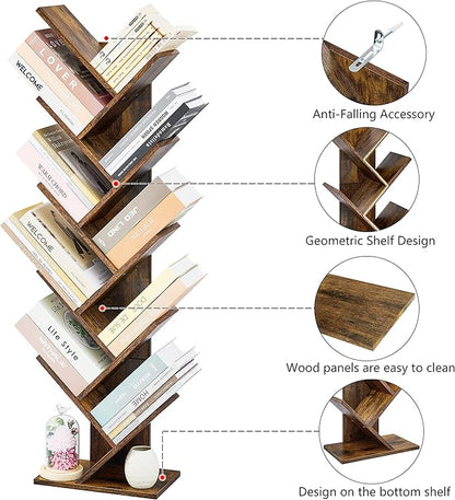Hoctieon 10 Tier Tree Bookshelf, 10 Shelf Bookcase, Free Standing Tree Bookcase, Display Floor Standing Shelf for Books, Book Shelf Organizer, Rustic Brown