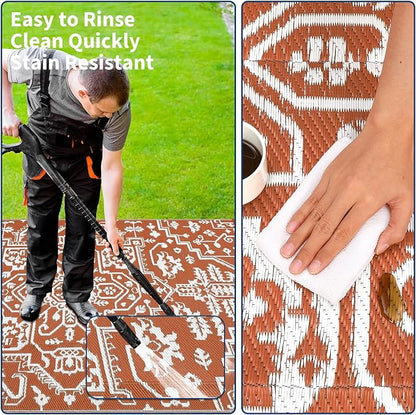 Outdoor Rug 8x10 Waterproof Reversible Plastic Straw Mat, UV-Resistant Vintage Medallion Camping Carpet for Patio, Deck, Balcony, Picnic, Large Outside Floor Mat, Vintage Terracotta Brick/White