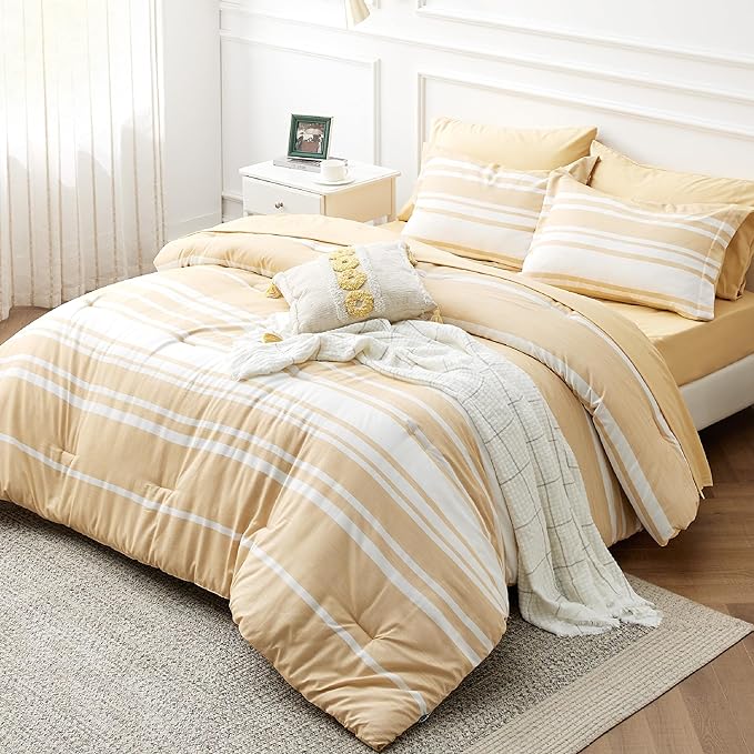 Bedsure Bed in a Bag King Size 7-Piece Yellow White Striped Bedding Comforter Sets All Season Bed Set, 2 Pillow Shams, Flat Sheet, Fitted Sheet and 2 Pillowcases