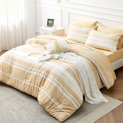 Bedsure Bed in a Bag Queen Size 7-Piece Yellow White Striped Bedding Comforter Sets All Season Bed Set, 2 Pillow Shams, Flat Sheet, Fitted Sheet and 2 Pillowcases