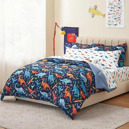 Kids Twin Dinosaur Bedding Comforter Set for Boys, 5 Pieces Twin Size Dinosaur Kids Bedding Set, Super Soft Lightweight Microfiber Comforter Set with Sheets for All Seasons