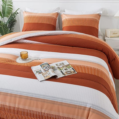 Andency Stripe Comforter Set King Size (104x90 Inch), 3 Pieces Terracotta Patchwork Striped Comforter, Soft Microfiber Down Alternative Comforter Bedding Set with Corner Loops