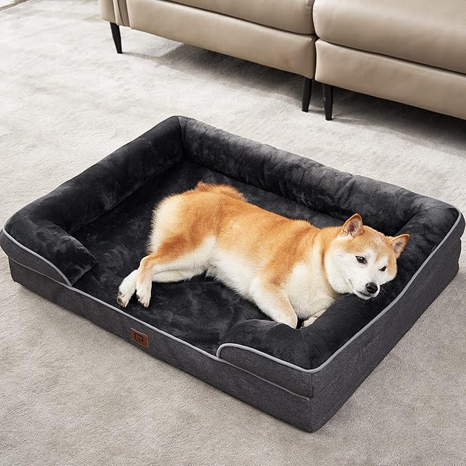 EHEYCIGA Orthopedic Dog Bed for Large Dogs, Waterproof Memory Foam with Sides, Non-Slip Bottom and Egg-Crate Foam Couch Bed with Washable Removable Cover, Dark Grey
