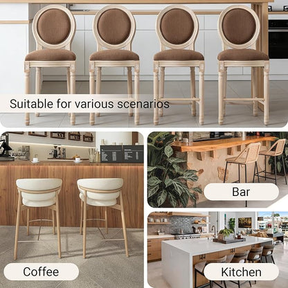 French Country Barstool, Linen Farmhouse Counter Height Chair | Set of 6, with Cushion Round Back and Solid Wood Legs, Oval Chairs for Restaurant, Bar, Kitchen, Café, Brown