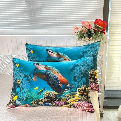 CVHOUSE Sea Turtle Bedding Set,Sea Turtle Comforter Queen,Ocean Beach Comforter Set for Boys Kids Girls,Ocean Quilt Set with 1 Comforter and 2 Pillow Cases