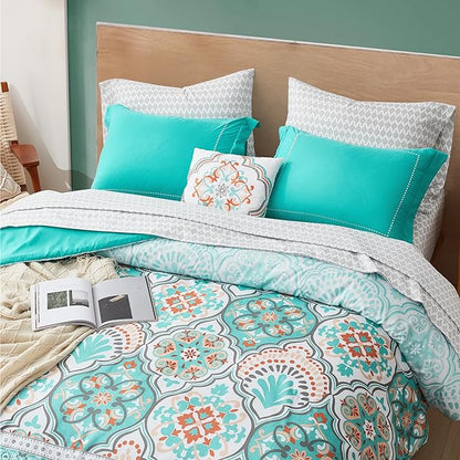 Degrees of Comfort Bed in a Bag Twin XL, Boho Medallion Comforter Sets for College, Microfiber 6 Pieces Bedding Set with Sheet, Matching Decorative Pillow, Aqua