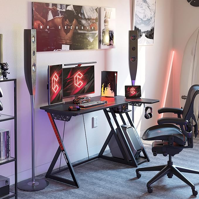 CubiCubi Aurora Gaming Desk with Carbon Fiber Surface, 47 Inch L Shaped Desk with Storage Shelves, Small Corner Computer Desk with Monitor Shelf, Gamer Desk PC Table, Black