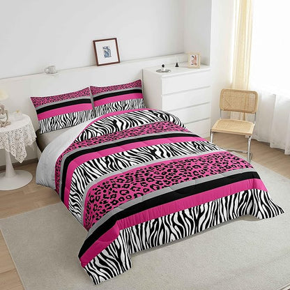 Zebra Stripes Comforter Leopard Print Comforter Set For Kids Boys Girls Pink Black White Zebra Leopard Fur Bedding Set Ultra Soft Decor Wild Animal Skin Texture Pattern Duvet Set King Size Quilt Set