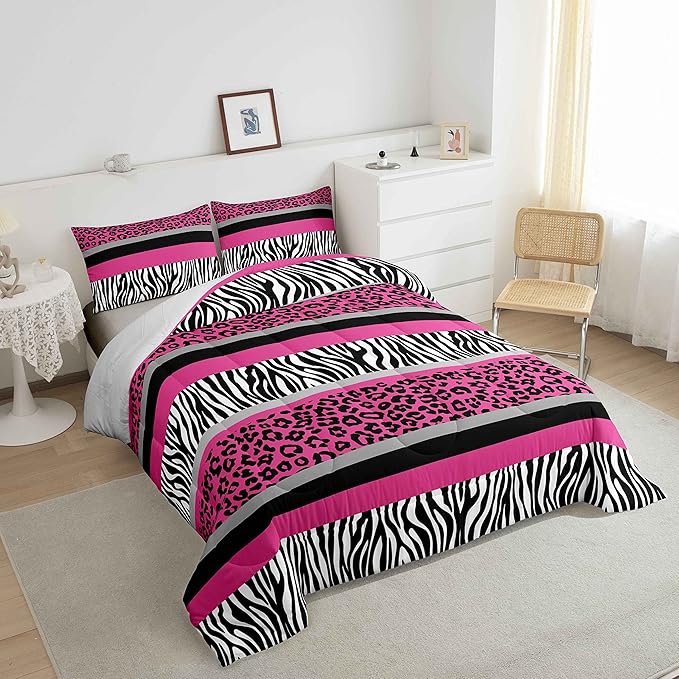 Zebra Stripes Comforter Leopard Print Comforter Set for Kids Boys Girls Pink Black White Zebra Leopard Fur Bedding Set Ultra Soft Decor Wild Animal Skin Texture Pattern Duvet Set Full Size Quilt Set