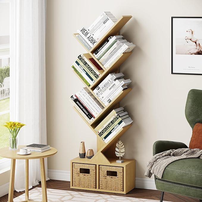 Vagusicc 6 Tier Tree Bookshelf - Retro Shelf Floor Standing Bookcase with Baskets, Tall Wood Book Storage Rack for Books/CDs, Tree Utility Book Organizer Shelves for Living Room, Home Office, Bedroom