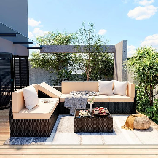 Pamapic 7 Pieces Outdoor Sectional Furniture，Wicker patio sectional furniture sets，All-Weather Rattan Sectional Sofa Conversation Set with Coffee Table and Washable Couch Cushions Covers