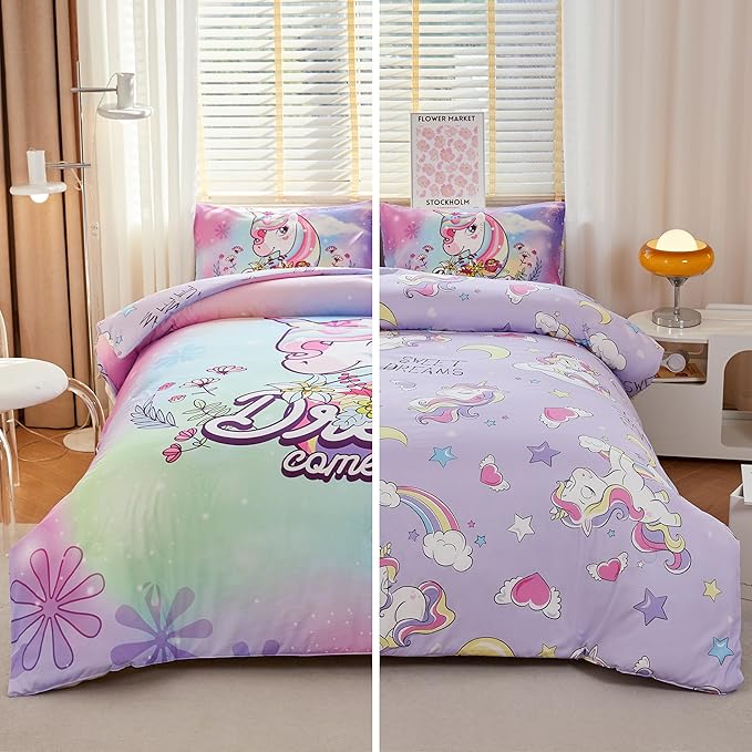 Unicorn Comforter Twin,Girls Pink Comforter Set,Kids Twin Comforter Set for Girls,Teen Girl Purple Unicorn Bedding Set Twin,Unicorn Room Decor with 2 Pillowcases